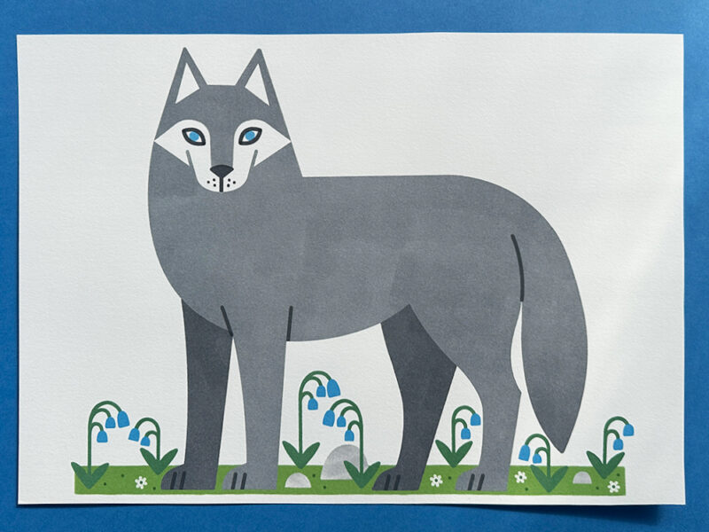 Irish grey wolf standing among bluebells — illustration print by Lydia Hughes for Praising the Dead exhibition.